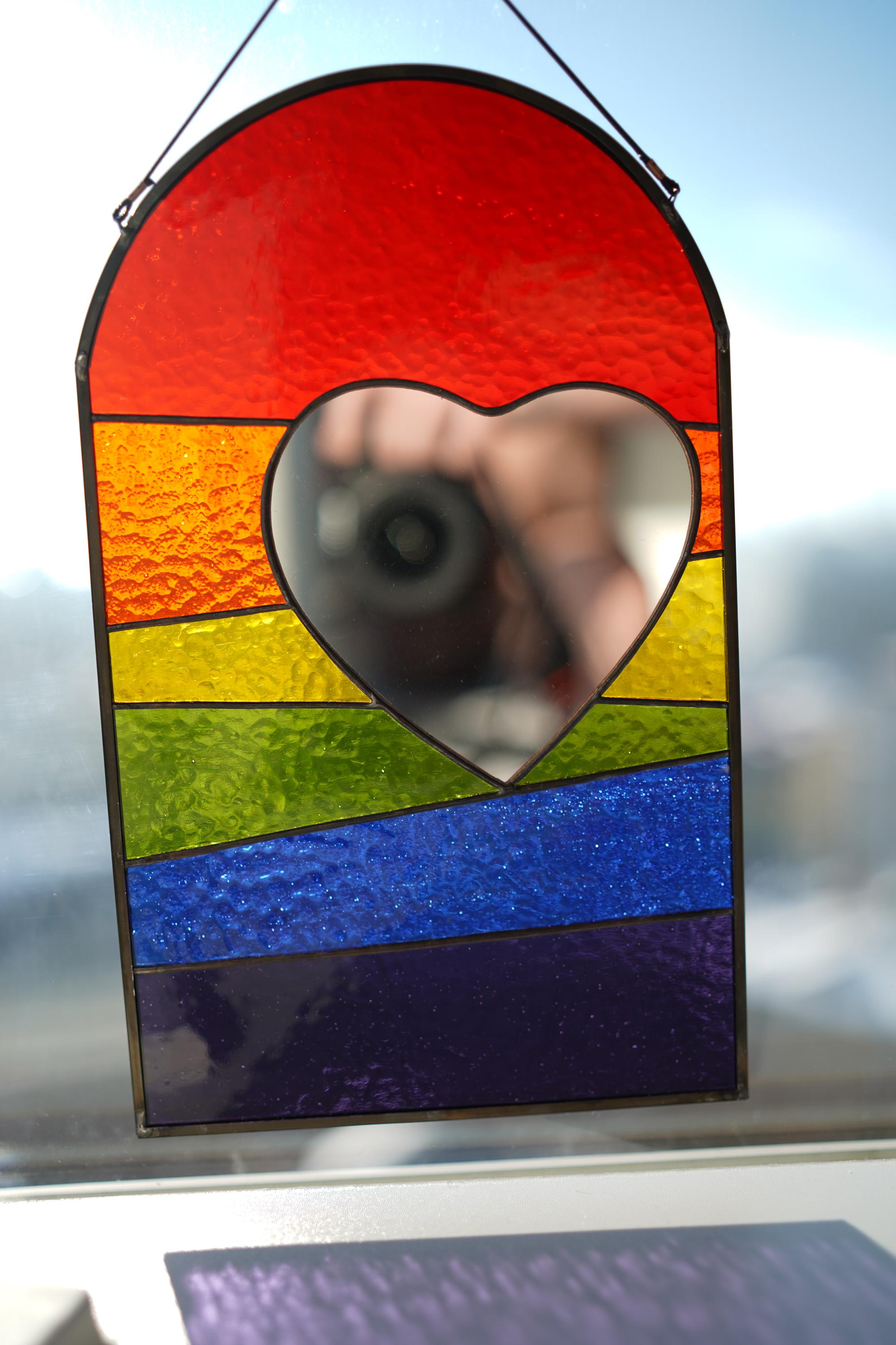 Stained Glass Rainbow Heart Suncatcher – LGBT Pride Mirror Window Hanging, 12.5"