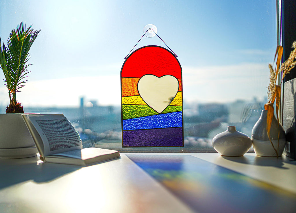Stained Glass Rainbow Heart Suncatcher – LGBT Pride Mirror Window Hanging, 12.5"