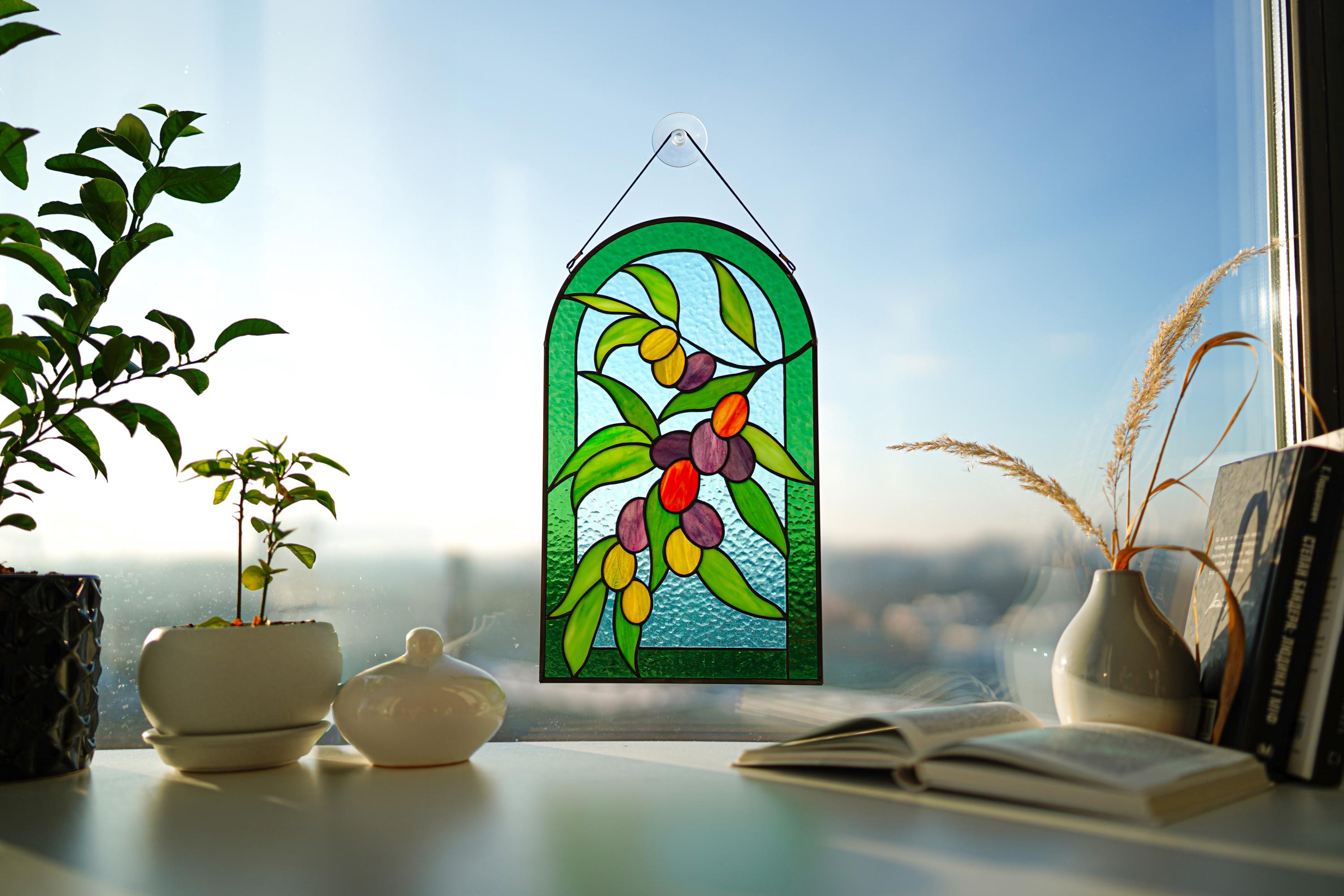 Olive Branch Stained Glass Window Hanging 14.5x8.5 in, Arched Botanical Panel, Mediterranean Decor Suncatcher, Handcrafted Father's Day gift