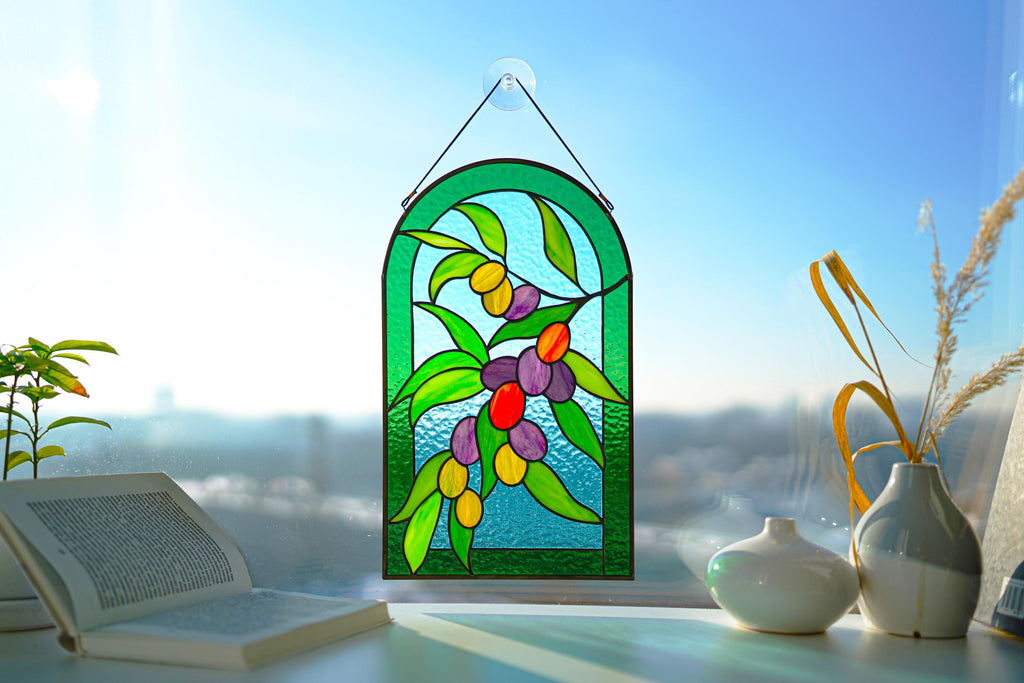 Olive Branch Stained Glass Window Hanging 14.5x8.5 in, Arched Botanical Panel, Mediterranean Decor Suncatcher, Handcrafted Father's Day gift