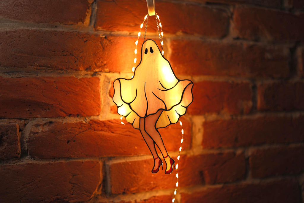 Ghost Stained Glass Suncatcher – Funny Halloween Window Decor Inspired by Marilyn Monroe Window Hangings