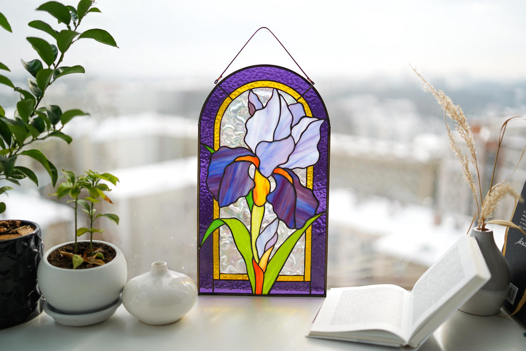 Handcrafted Iris Stained Glass Window Hanging – Purple Floral Suncatcher Panel – Spring Art 8.5x14.5 In