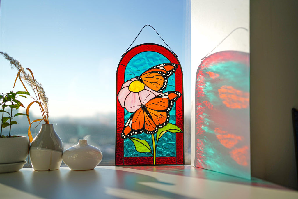 Monarch Butterfly Stained Glass Window Hanging 15x8.5 in, Butterflies on Flower Suncatcher, Arched Glass Panel, Home Decor, Gift for Mom