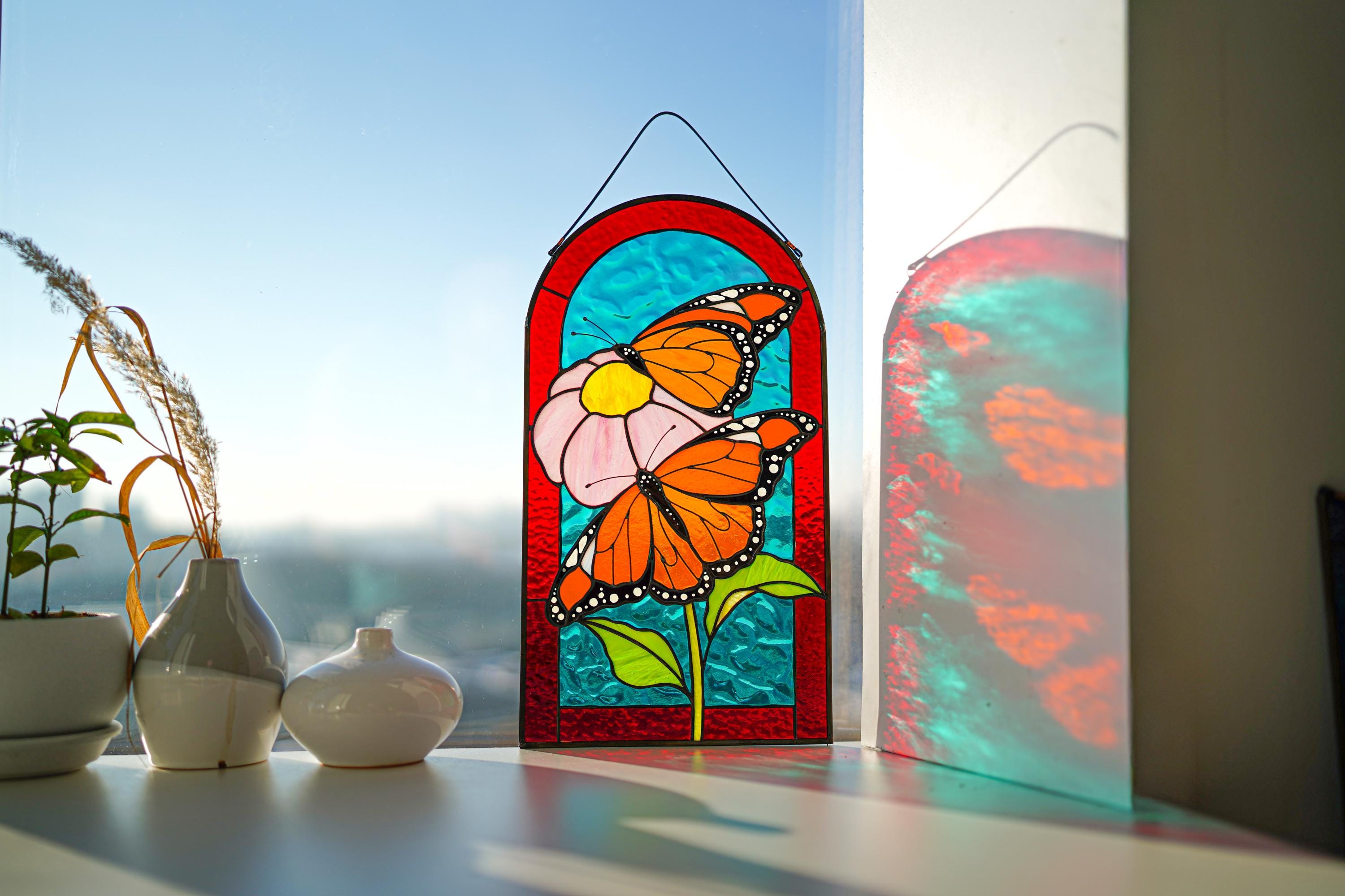 Monarch Butterfly Stained Glass Window Hanging 15x8.5 in, Butterflies on Flower Suncatcher, Arched Glass Panel, Home Decor, Gift for Mom
