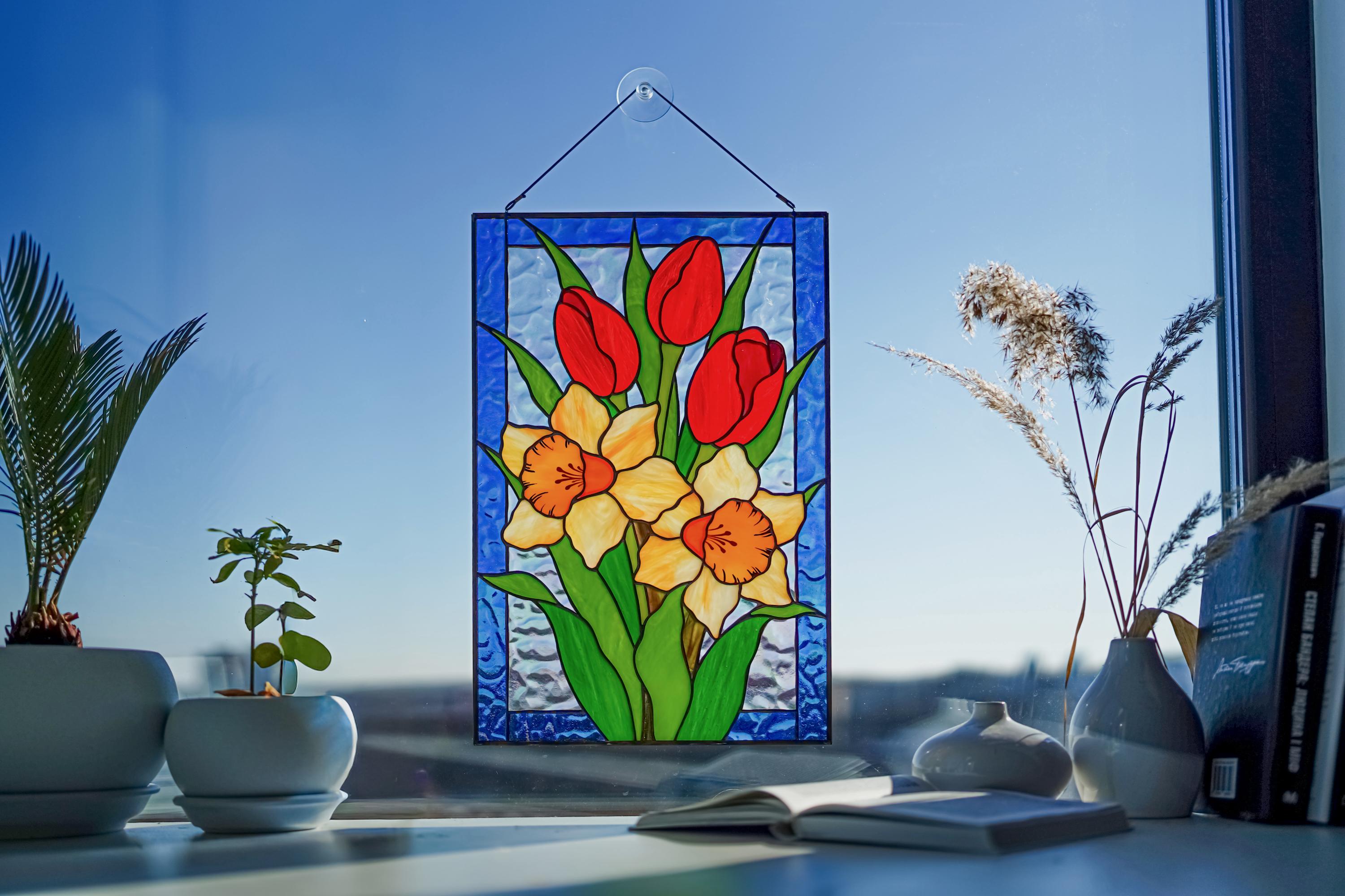Tulips and Daffodils Stained Glass Panel 10x16 in, Spring Floral Suncatcher, Red Tulips Window Hanging, Home Decor, Handcrafted Flower Art