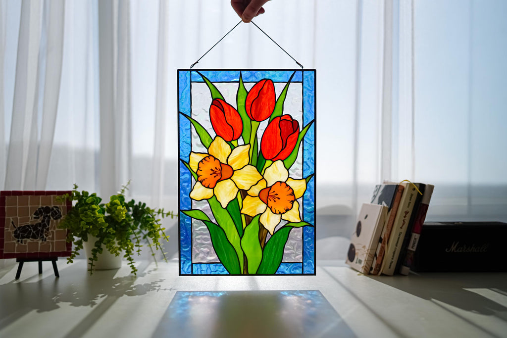 Tulips and Daffodils Stained Glass Panel 10x16 in, Spring Floral Suncatcher, Red Tulips Window Hanging, Home Decor, Handcrafted Flower Art