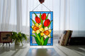 Tulips and Daffodils Stained Glass Panel 10x16 in, Spring Floral Suncatcher, Red Tulips Window Hanging, Home Decor, Handcrafted Flower Art