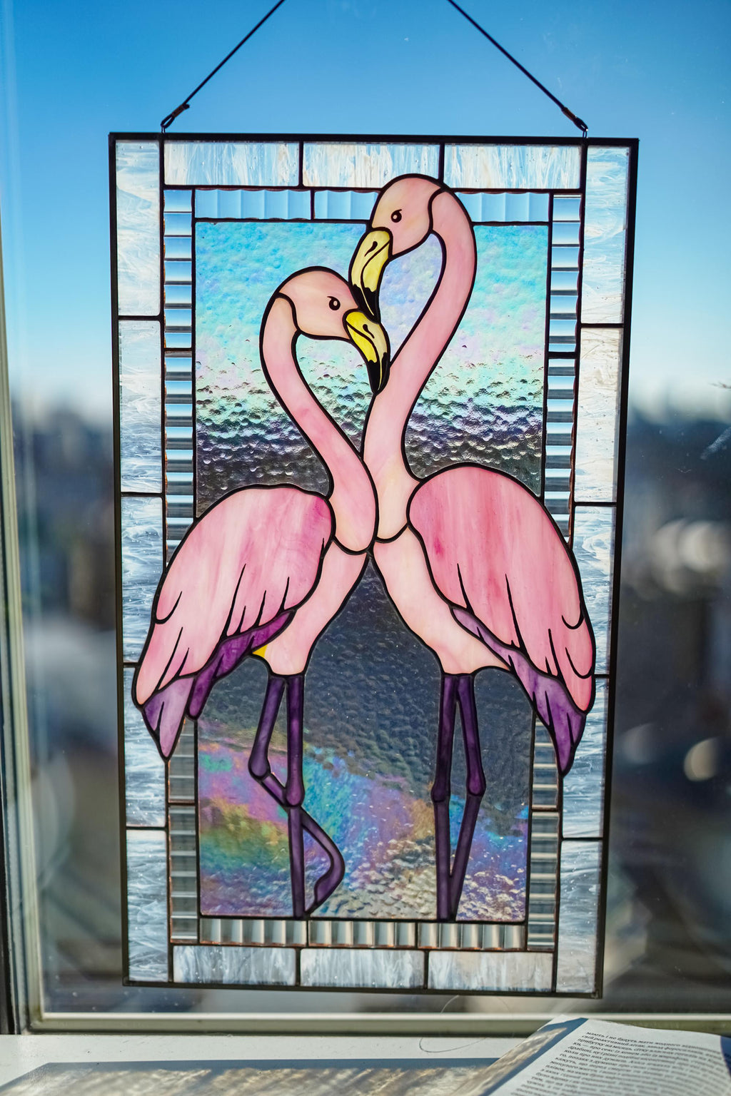 Stained Glass Flamingo Panel, Pink Birds Suncatcher, Tiffany Style Glass Art, Romantic Couple Gift, Tropical Home Decor, 17.5 x 10.2 in.