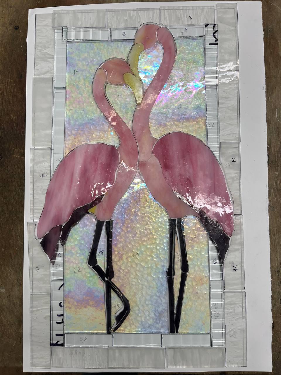 Stained Glass Flamingo Panel, Pink Birds Suncatcher, Tiffany Style Glass Art, Romantic Couple Gift, Tropical Home Decor, 17.5 x 10.2 in.