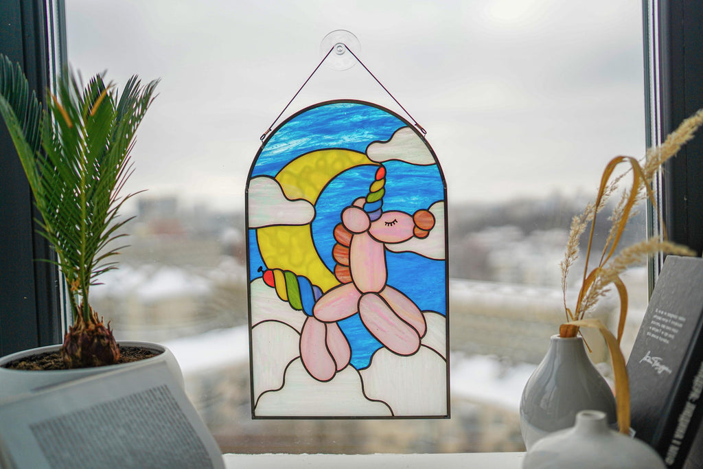 Rainbow Balloon Unicorn Stained Glass Panel 8.5x13.5, Unicorn Nursery Wall Art, Magical Suncatcher, Kids Room Decor, Baby Shower Gift