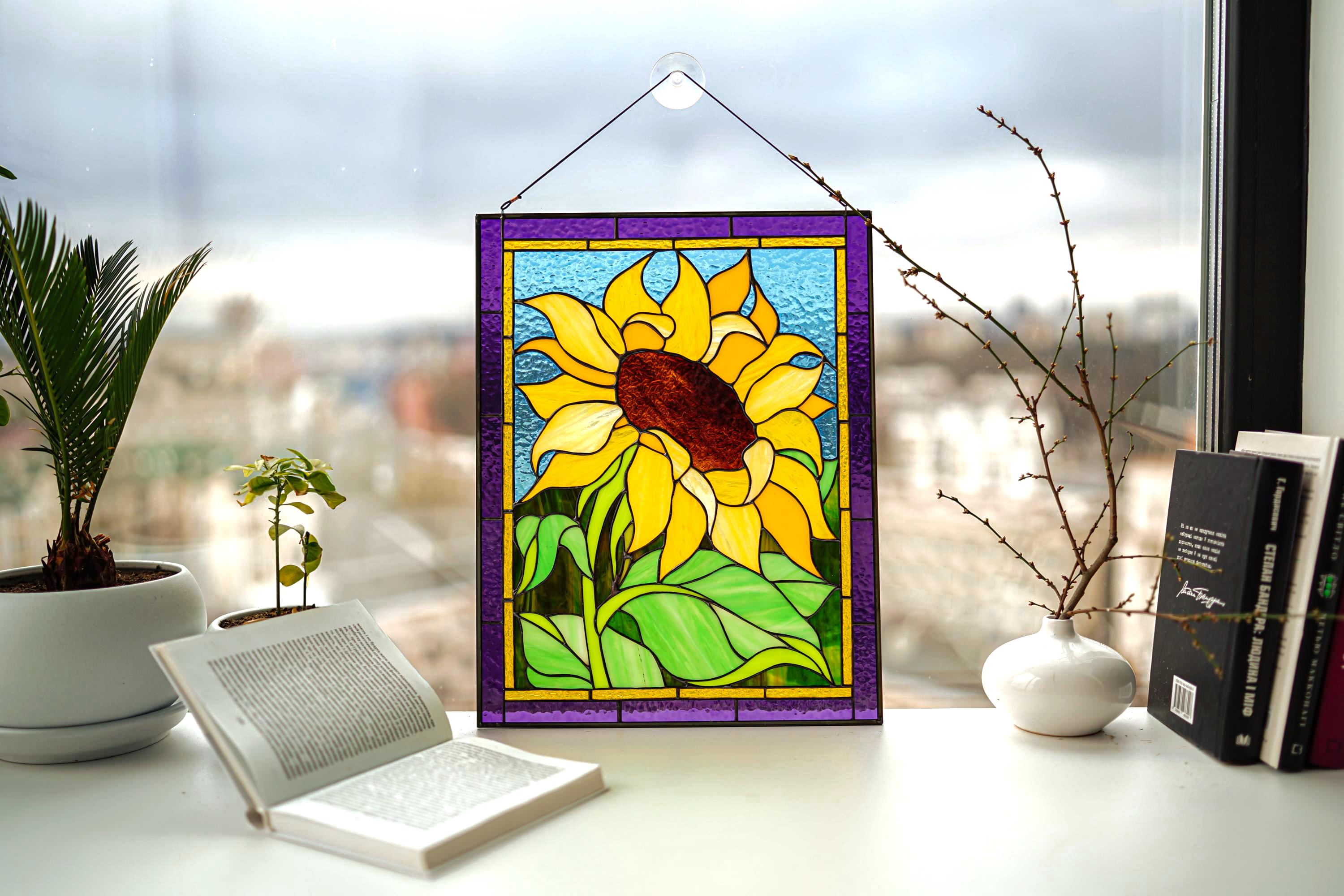Yellow Sunflower Stained Glass Panel 16x12 In, Farmhouse Kitchen Window Decor, Handmade Flower Suncatcher