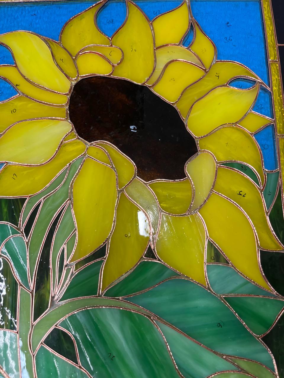 Yellow Sunflower Stained Glass Panel 16x12 In, Farmhouse Kitchen Window Decor, Handmade Flower Suncatcher