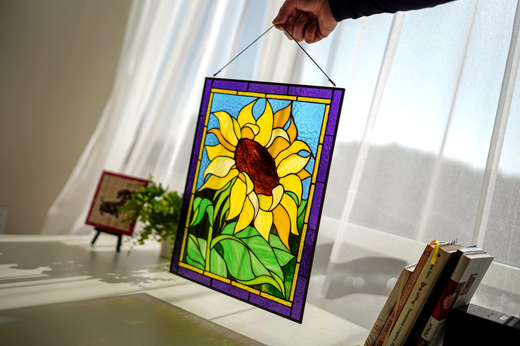 Yellow Sunflower Stained Glass Panel 16x12 In, Farmhouse Kitchen Window Decor, Handmade Flower Suncatcher