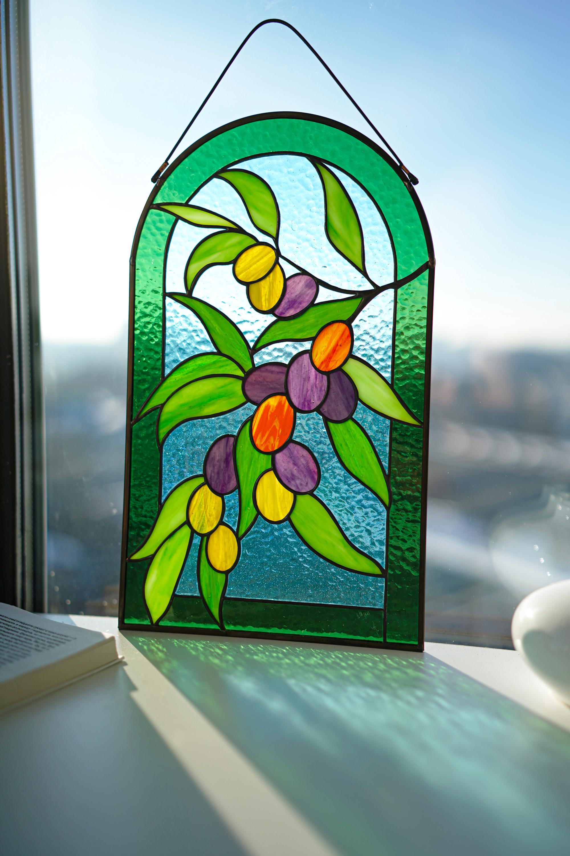 Olive Branch Stained Glass Window Hanging 14.5x8.5 in, Arched Botanical Panel, Mediterranean Decor Suncatcher, Handcrafted Father's Day gift
