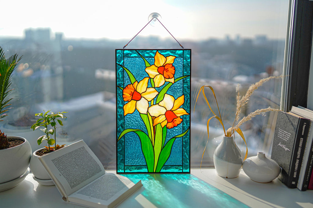 Handmade Stained Glass Daffodil Panel, Yellow Narcissus Window Hanging, Spring Floral Art, Father's Day gift