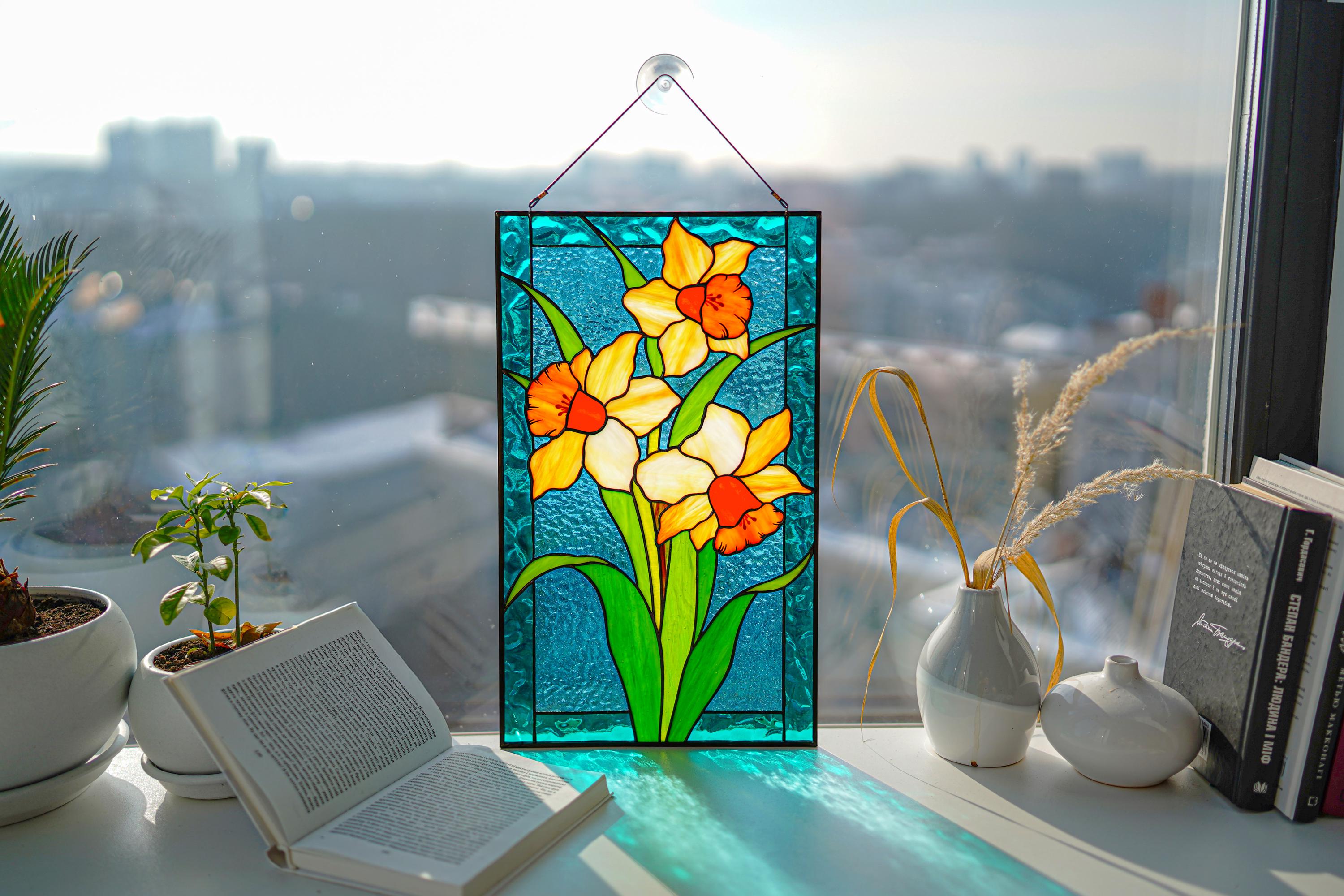 Handmade Stained Glass Daffodil Panel, Yellow Narcissus Window Hanging, Spring Floral Art, Father's Day gift