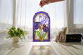 Handcrafted Iris Stained Glass Window Hanging – Purple Floral Suncatcher Panel – Spring Art 8.5x14.5 In
