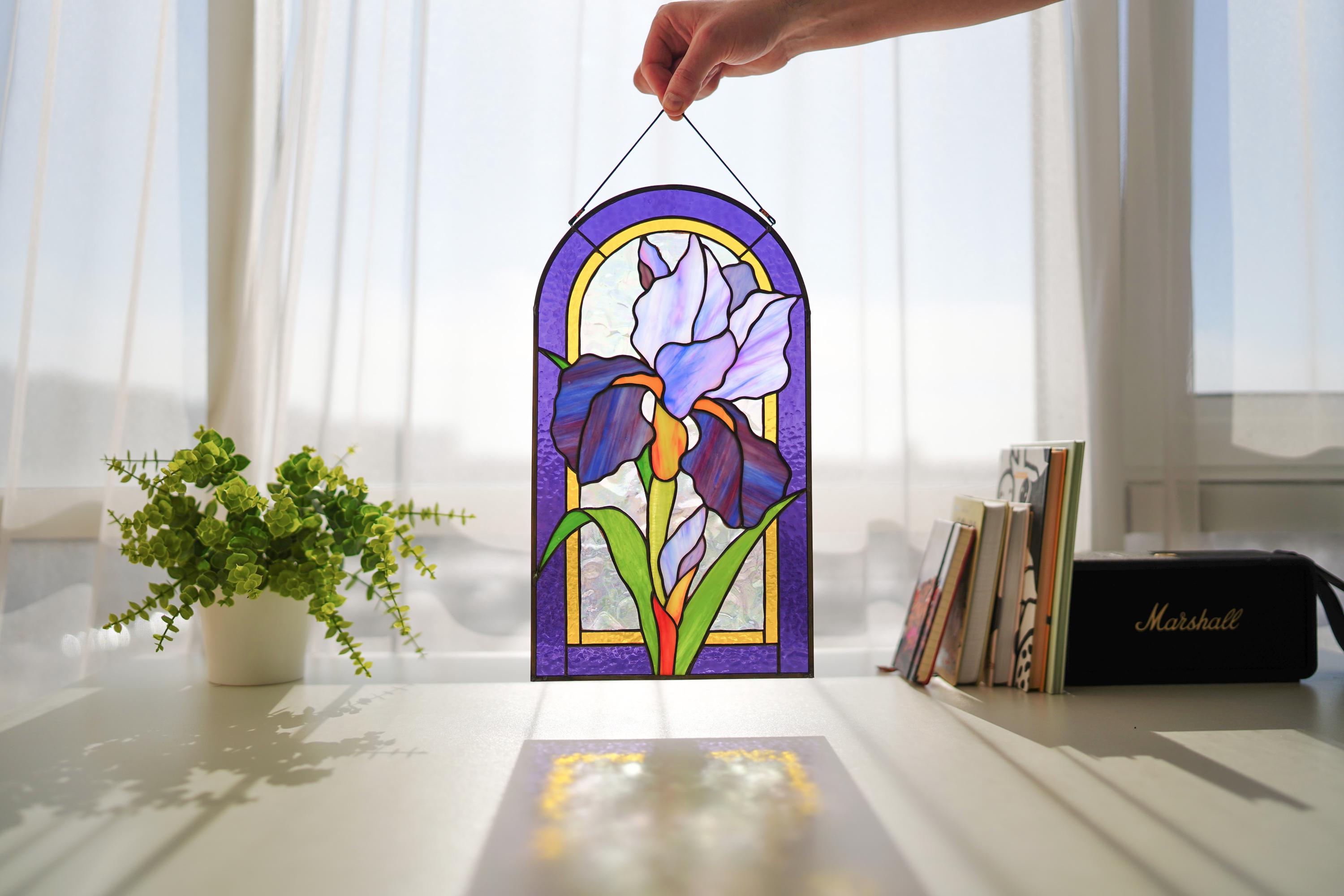 Handcrafted Iris Stained Glass Window Hanging – Purple Floral Suncatcher Panel – Spring Art 8.5x14.5 In