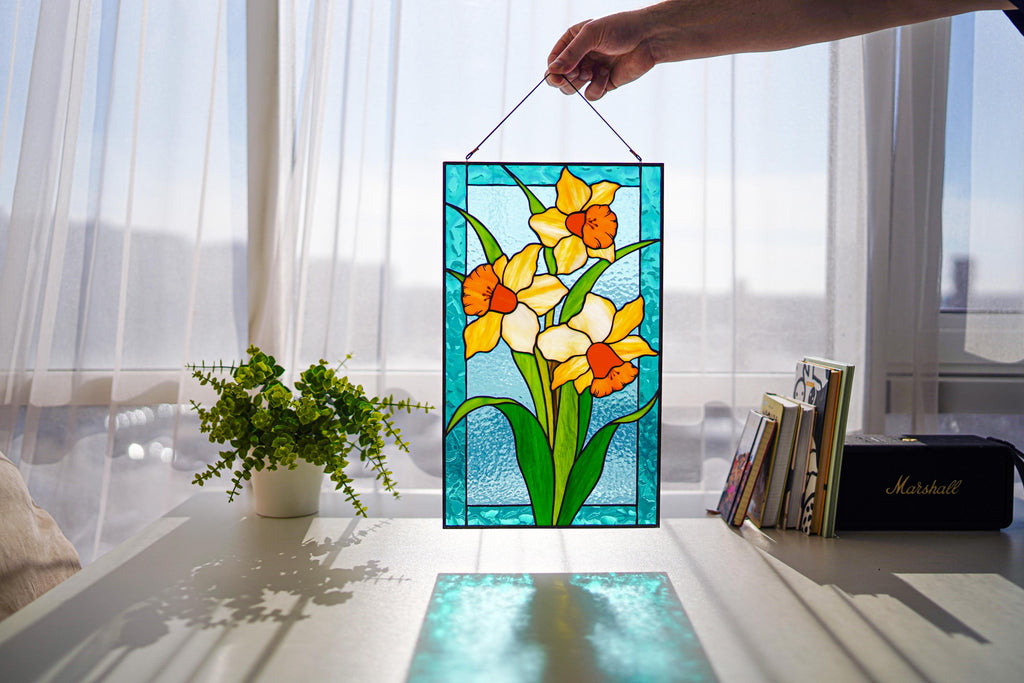 Handmade Stained Glass Daffodil Panel, Yellow Narcissus Window Hanging, Spring Floral Art, Father's Day gift