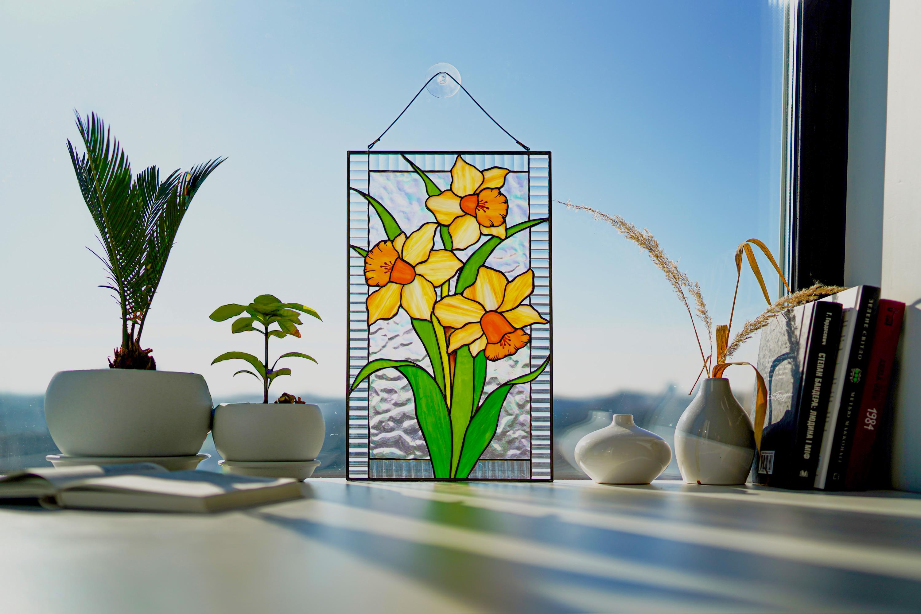 Handmade Stained Glass Narcissus Panel, Yellow Orange Daffodil Wall Art, Spring Floral Window Hanging