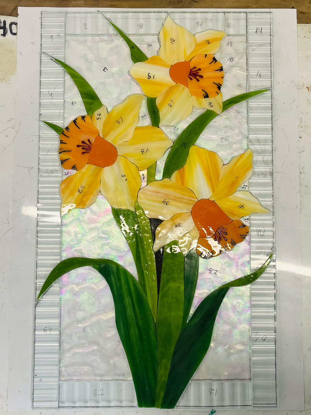 Handmade Stained Glass Narcissus Panel, Yellow Orange Daffodil Wall Art, Spring Floral Window Hanging