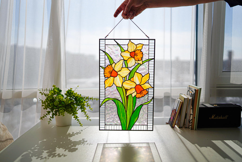 Handmade Stained Glass Narcissus Panel, Yellow Orange Daffodil Wall Art, Spring Floral Window Hanging