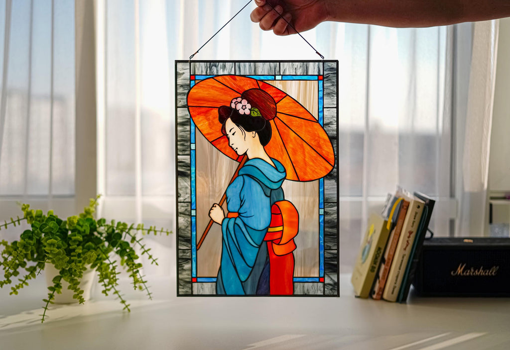 Japanese Geisha Stained Glass Window Hanging, Blue Kimono Art Panel, Red Umbrella Suncatcher (16.5x11")