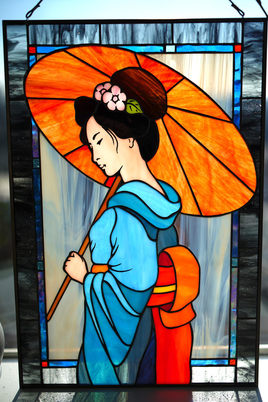 Japanese Geisha Stained Glass Window Hanging, Blue Kimono Art Panel, Red Umbrella Suncatcher (16.5x11")