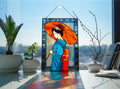 Japanese Geisha Stained Glass Window Hanging, Blue Kimono Art Panel, Red Umbrella Suncatcher (16.5x11")