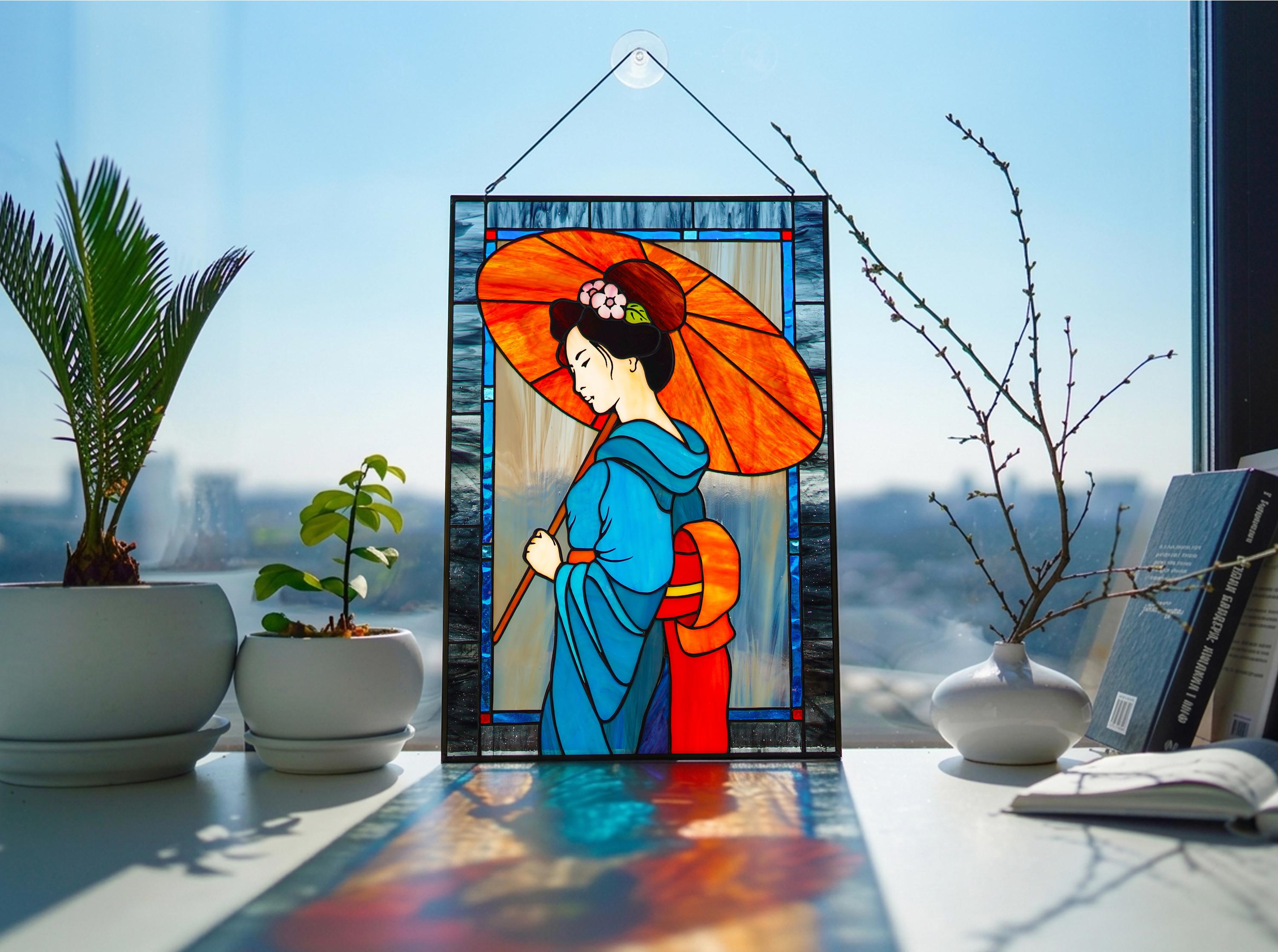 Japanese Geisha Stained Glass Window Hanging, Blue Kimono Art Panel, Red Umbrella Suncatcher (16.5x11")