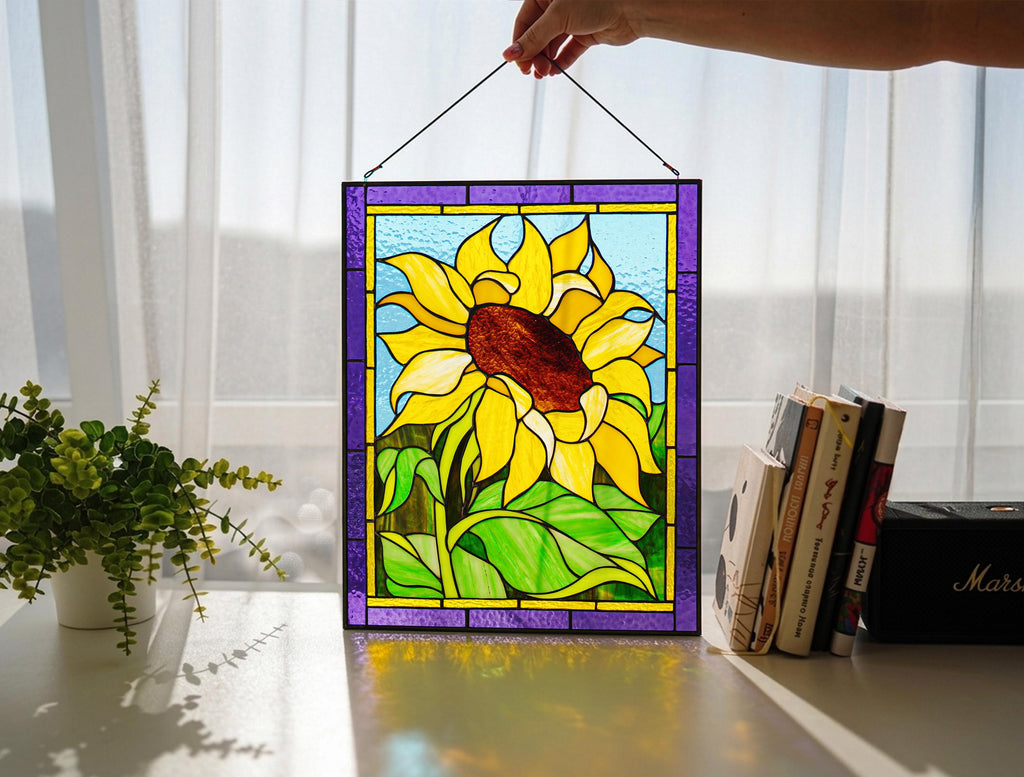 Yellow Sunflower Stained Glass Panel 16x12 In, Farmhouse Kitchen Window Decor, Handmade Flower Suncatcher
