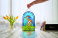 Kingfisher Lotus Stained Glass Arched Panel 13.5x8.5 In. Handmade Window Hangings, Blue Bird Suncatcher