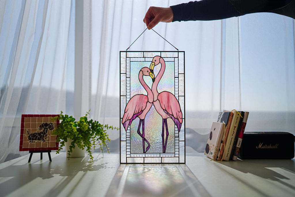 Stained Glass Flamingo Panel, Pink Birds Suncatcher, Tiffany Style Glass Art, Romantic Couple Gift, Tropical Home Decor, 17.5 x 10.2 in.