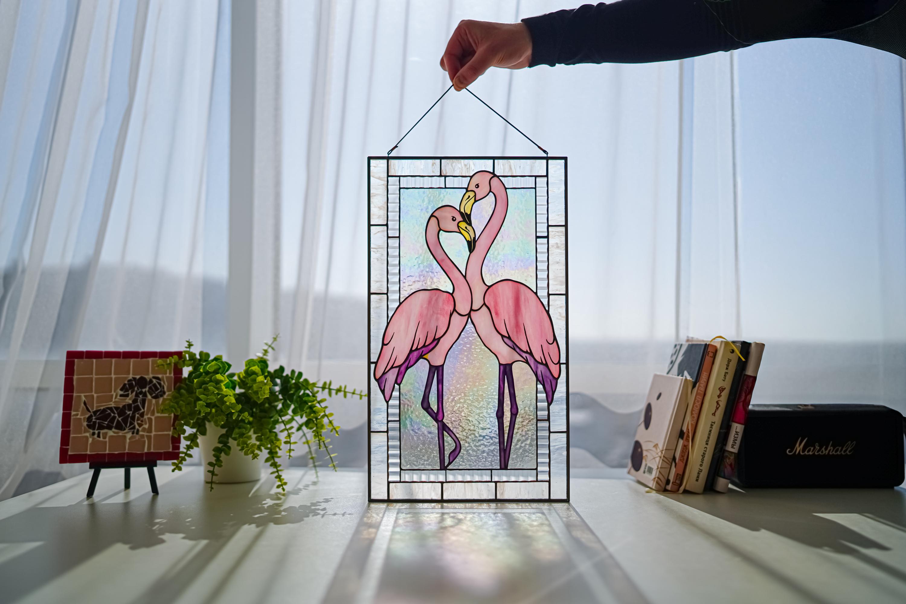 Stained Glass Flamingo Panel, Pink Birds Suncatcher, Tiffany Style Glass Art, Romantic Couple Gift, Tropical Home Decor, 17.5 x 10.2 in.