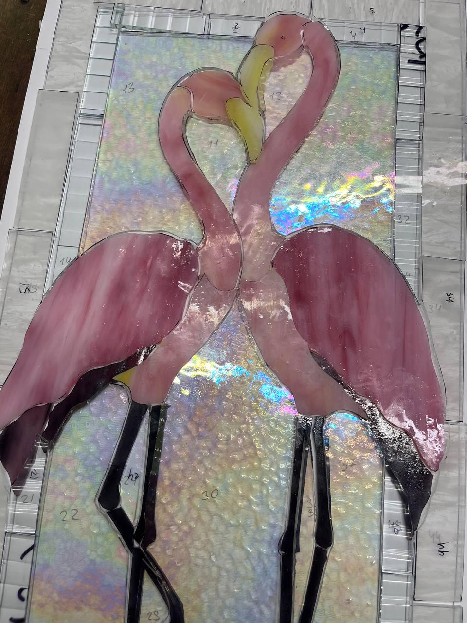 Stained Glass Flamingo Panel, Pink Birds Suncatcher, Tiffany Style Glass Art, Romantic Couple Gift, Tropical Home Decor, 17.5 x 10.2 in.