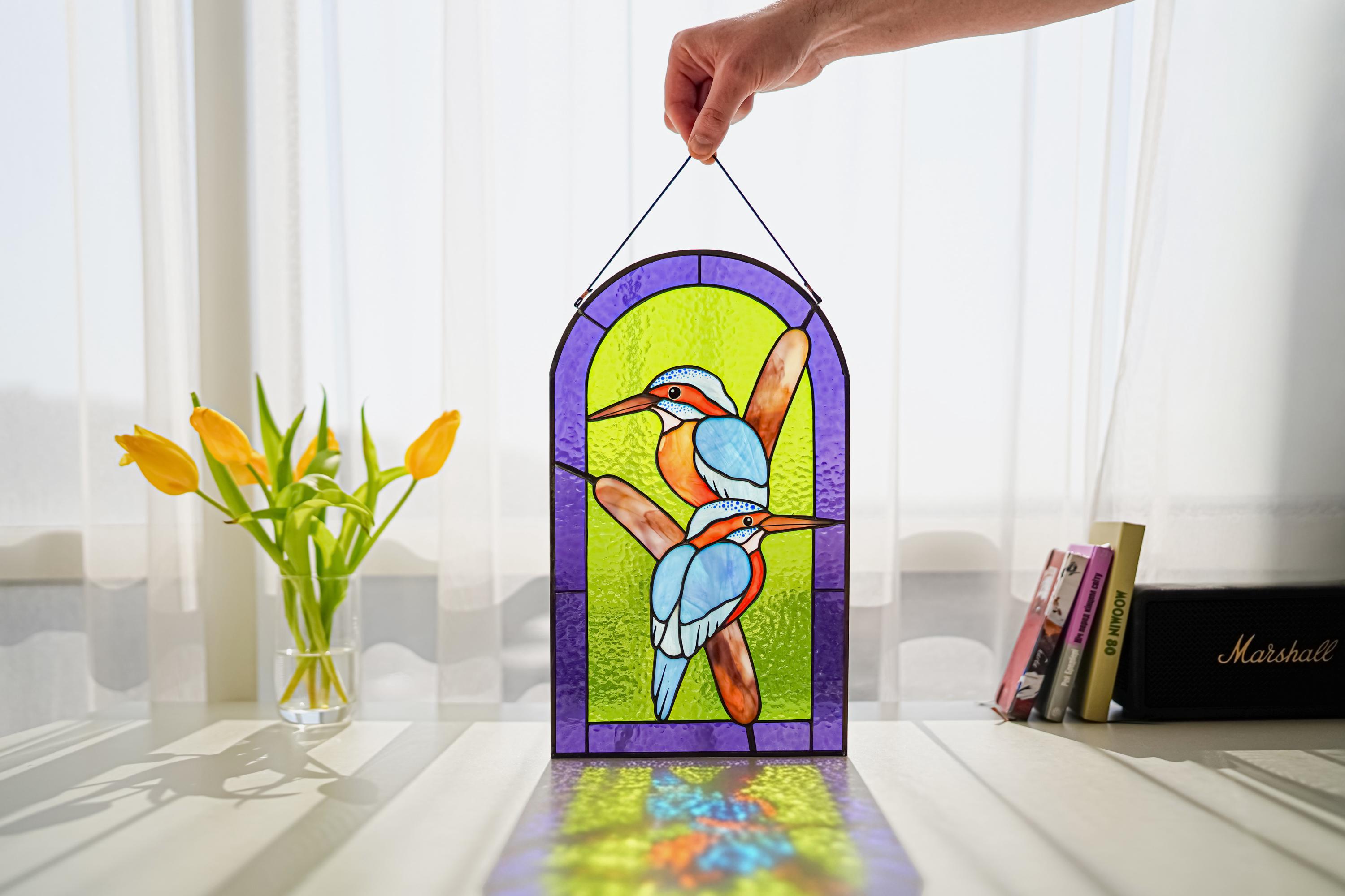 Stained Glass Kingfisher Panel, Bird Couple Window Hanging, Lakeside Cottage Decor, Anniversary Gift 14.5x8.5"