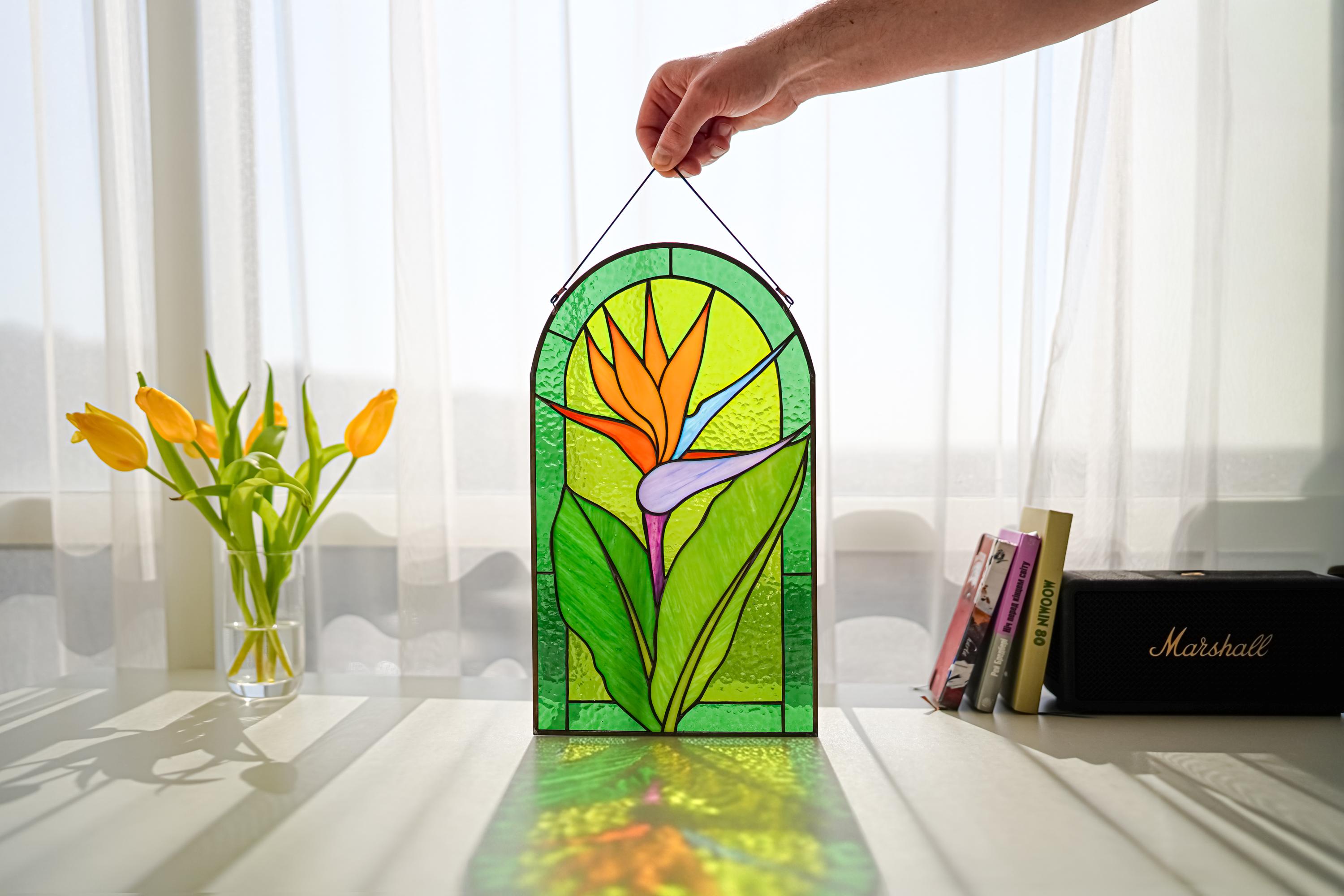 Bird of Paradise Stained Glass Panel, Tropical Floral Suncatcher, Botanical Window Art 14x6.5" Father's Day gift