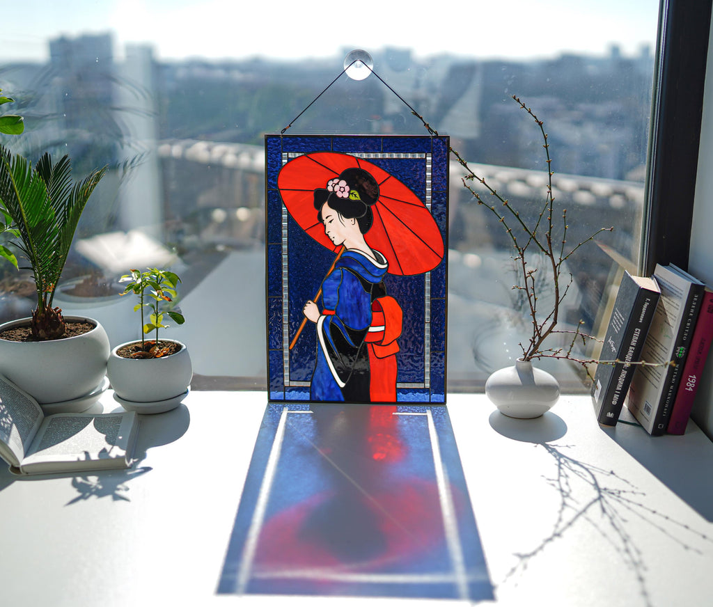 Geisha Red Umbrella Stained Glass Panel Suncatcher, Japanese Tiffany Window Hanging 16.5x11 In, Asian Wall Art Gift for Her