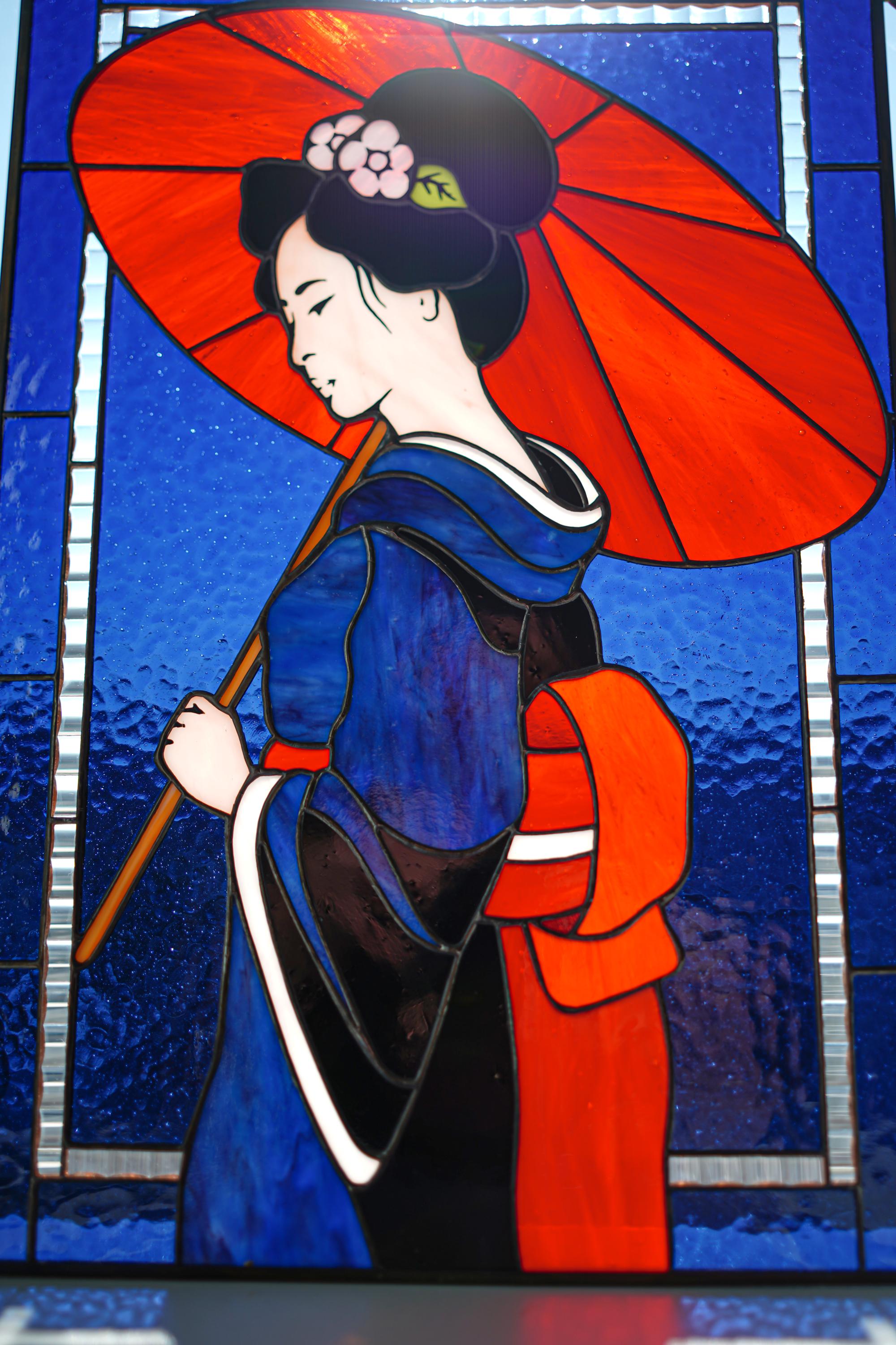 Geisha Red Umbrella Stained Glass Panel Suncatcher, Japanese Tiffany Window Hanging 16.5x11 In, Asian Wall Art Gift for Her