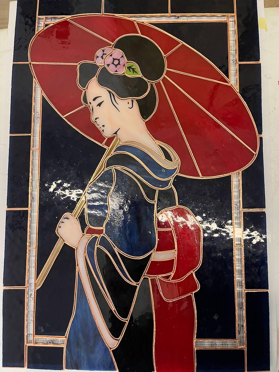 Geisha Red Umbrella Stained Glass Panel Suncatcher, Japanese Tiffany Window Hanging 16.5x11 In, Asian Wall Art Gift for Her