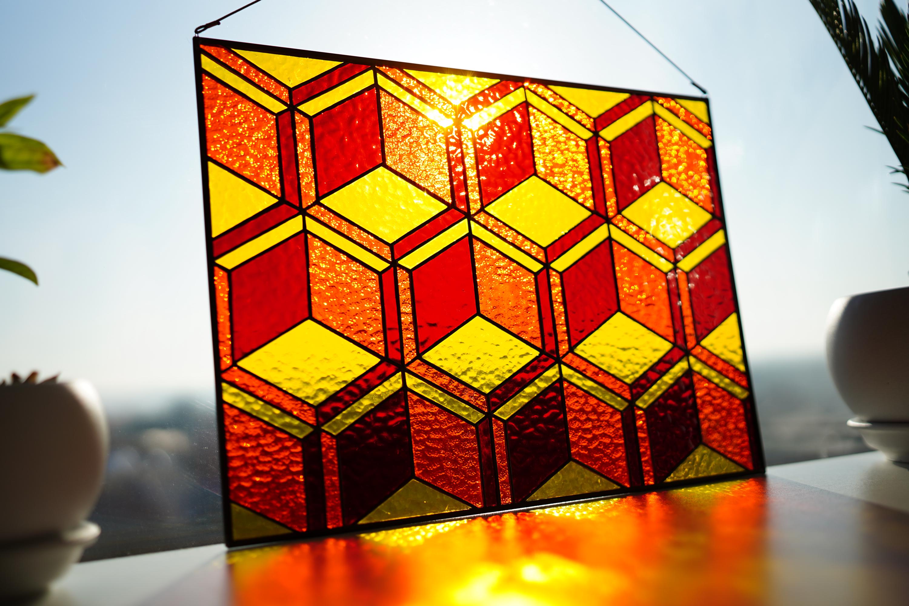 3D Geometric Stained Glass Panel, Cube Illusion Suncatcher, Mid Century Window Decor