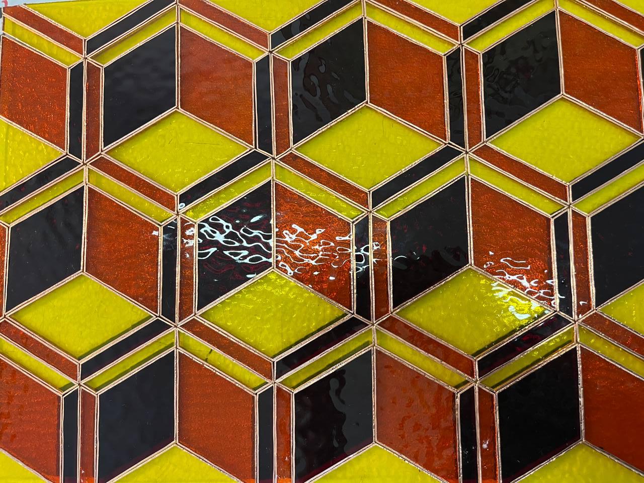 3D Geometric Stained Glass Panel, Cube Illusion Suncatcher, Mid Century Window Decor