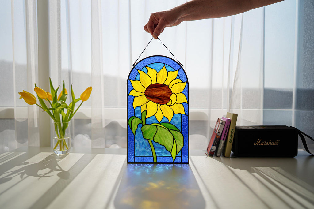 Sunflower Stained Glass Panel, Arched Botanical Suncatcher, Handmade Floral Window Art, Personalized Gift