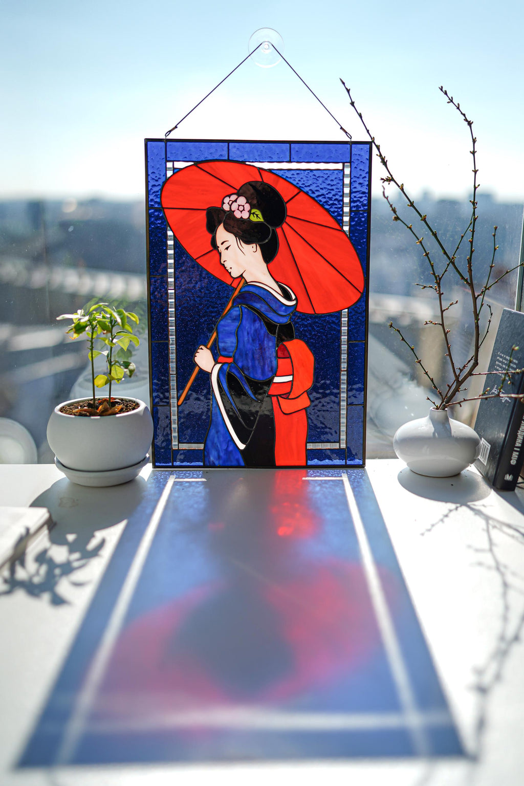Geisha Red Umbrella Stained Glass Panel Suncatcher, Japanese Tiffany Window Hanging 16.5x11 In, Asian Wall Art Gift for Her