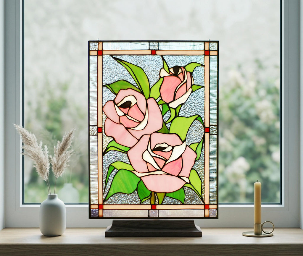 Pink Roses Stained Glass Art Panel, Unique Floral Window Hanging, Suncatcher in Tiffany Style, Elegant Birthday or Mother's Day Gift for Her