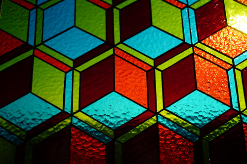 Cube Stained Glass Panel 15.5x11.5", Geometric Sun-catcher, Modern Window Hanging