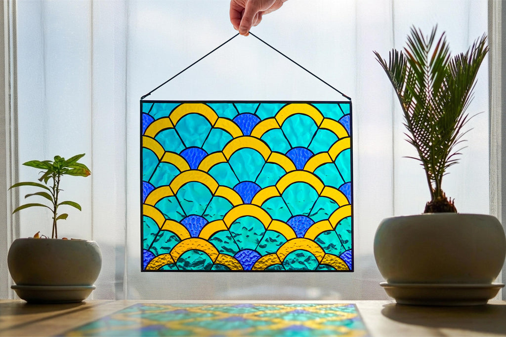 Art Deco Geometric Stained Glass Panel 13.5x11 in. Scallop Pattern Suncatcher, Colorful Blue and Gold Window Hanging, Modern Glass Art Decor