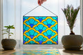 Art Deco Geometric Stained Glass Panel 13.5x11 in. Scallop Pattern Suncatcher, Colorful Blue and Gold Window Hanging, Modern Glass Art Decor