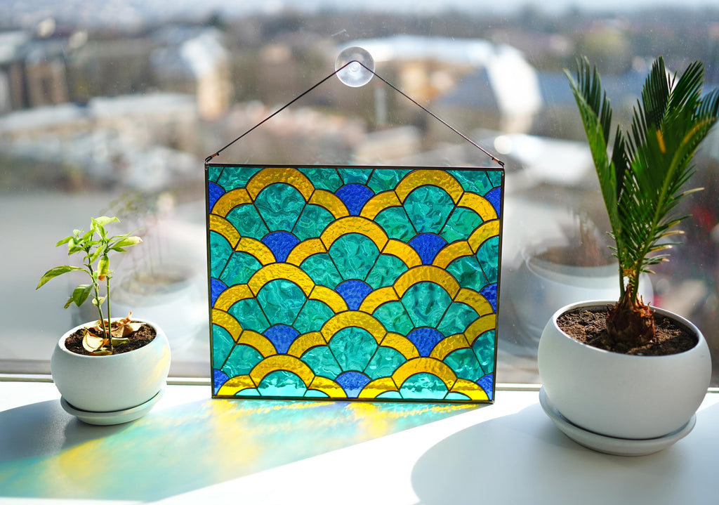 Art Deco Geometric Stained Glass Panel 13.5x11 in. Scallop Pattern Suncatcher, Colorful Blue and Gold Window Hanging, Modern Glass Art Decor