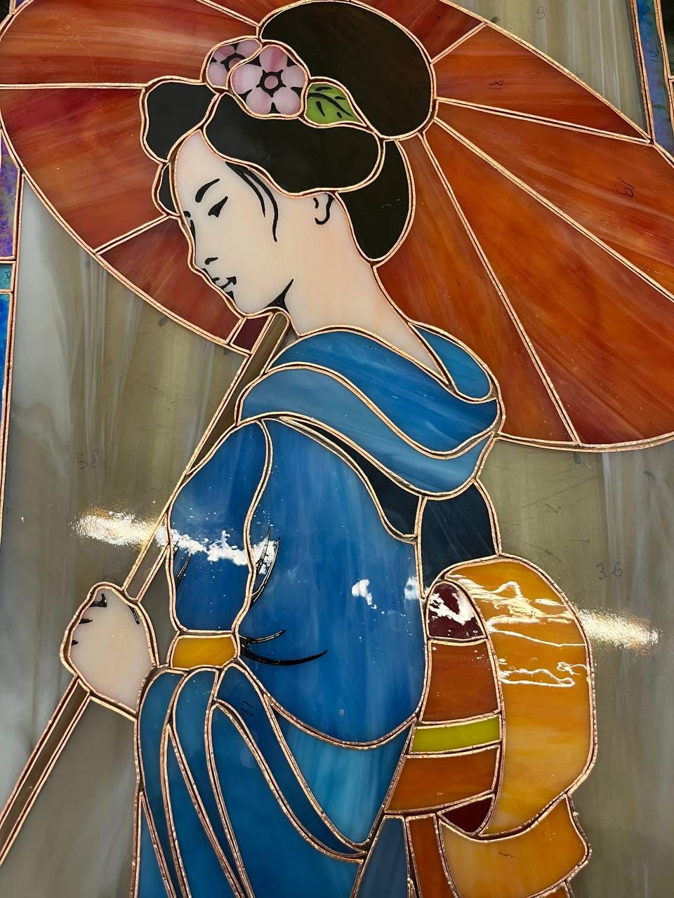Japanese Geisha Stained Glass Window Hanging, Blue Kimono Art Panel, Red Umbrella Suncatcher (16.5x11")
